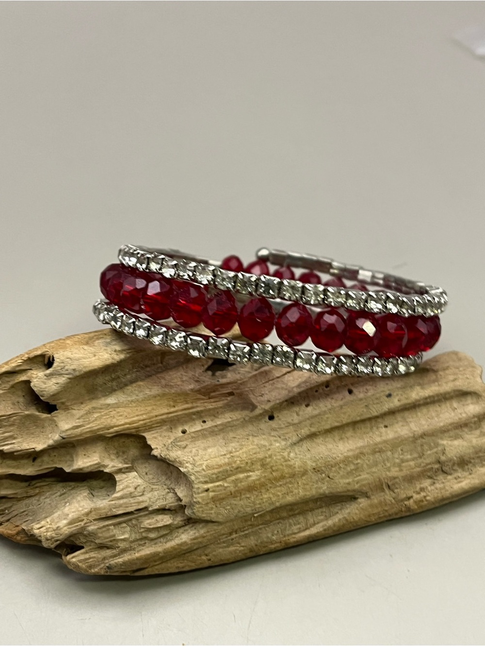 Red Crystal Wrap Bracelet with Silver Rhinestones